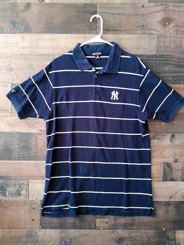 MLB Baseball NEW YORK YANKEES Blue White Pinstripe Embroidered Polo Shirt