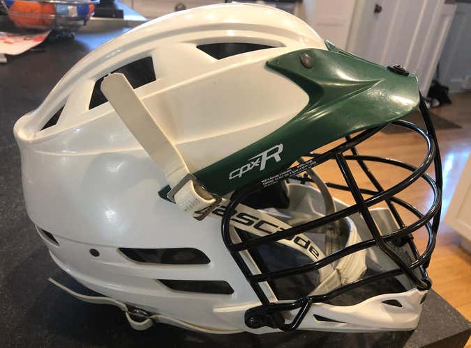 Cascade CPX-R Helmet (pre-owned). White Shell, Green Visor, Black Mask, White Chin Strap.
