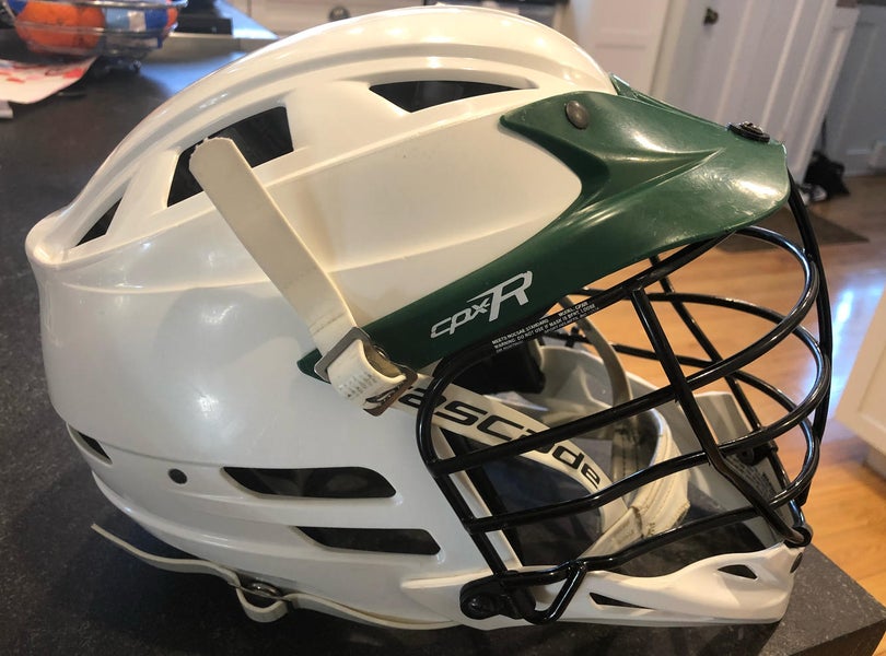 Cascade CPX-R Helmet (pre-owned). White Shell, Green Visor, Black Mask, White Chin Strap.