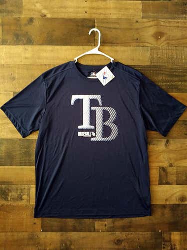 New MLB Baseball TAMPA BAY RAYS Polyester Navy Blue Pinstripe Logo Team Shirt