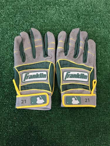 New Jonathon Lucroy Custom Pro Issued Large Grey/Green/Yellow “Away” Franklin Batting Gloves Blister