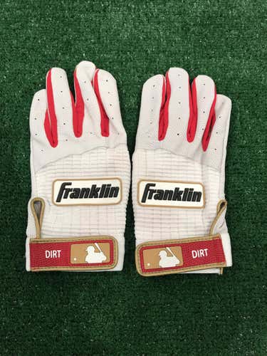 New Steven “DIRT” Drew Custom Pro Issued Large White/Gold/Red Franklin Batting Gloves
