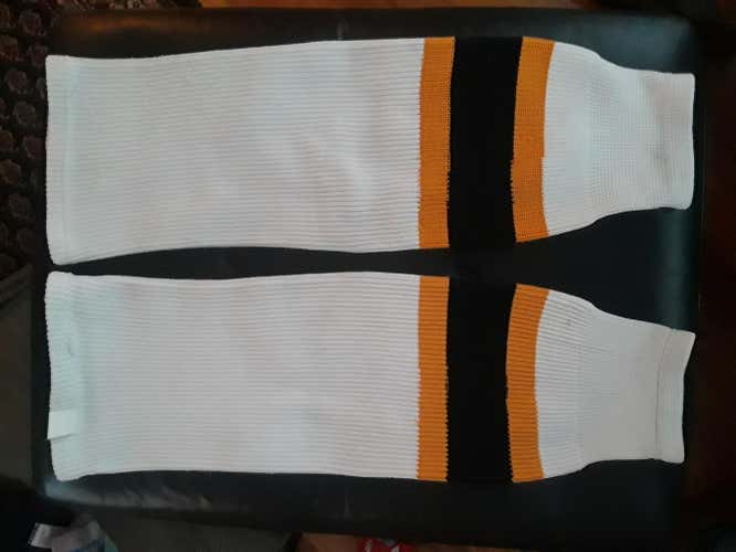 28 inch white black and yellow hockey socks