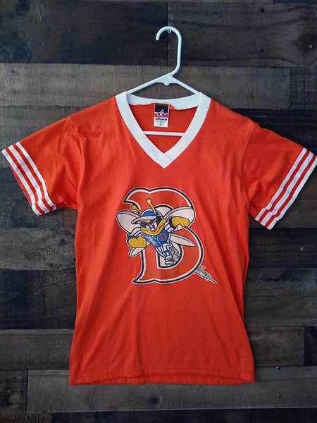 New Vintage Defunct 1990s MiLB Baseball BINGHAMTON NEW YORK METS Striped  V-Neck Team Shirt