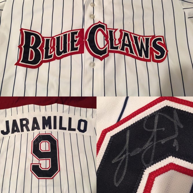 Lakewood BlueClaws (Phillies) Jason Jaramillo #9 MiLB Game Used Worn Jersey Rawlings Size 46