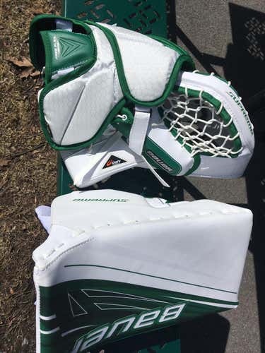 New Bauer Supreme 1S White Green Sr Glove Blocker Set