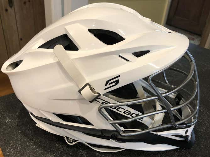 Barely Used Cascade S Helmet. White shell, Chrome Cage, White Chin & Strap, Black Jaw Line