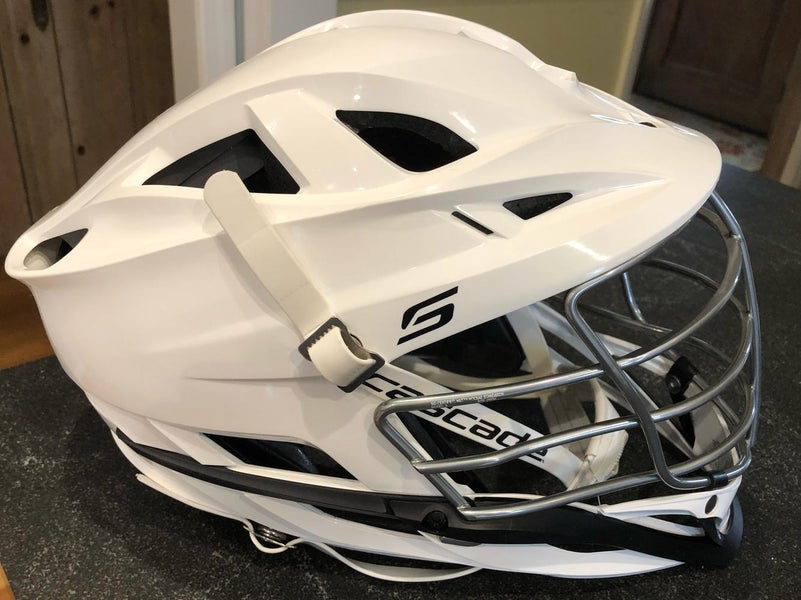 Barely Used Cascade S Helmet. White shell, Chrome Cage, White Chin & Strap, Black Jaw Line