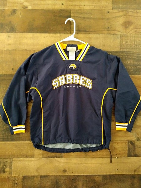 Reebok Defunct Logo NHL Hockey BUFFALO SABRES Blue Gold Embroidered Warmup Pullover Sweatshirt