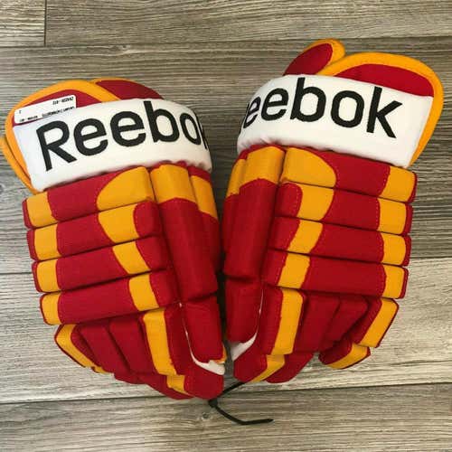 NEW! MIC REEBOK CALGARY FLAMES RETRO NHL PRO STOCK RETURN HOCKEY GLOVES 14"