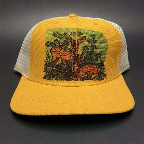 VTG Fawn Baby Deer Mesh Snapback Hat New Era Cap 1990s Adjustable Yellow
