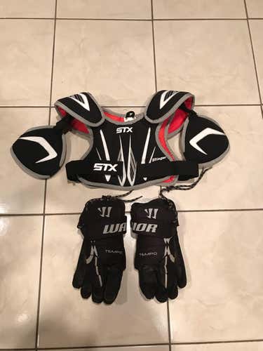Used STX Youth Shoulder Pads Size XS & Warrior Gloves Size S