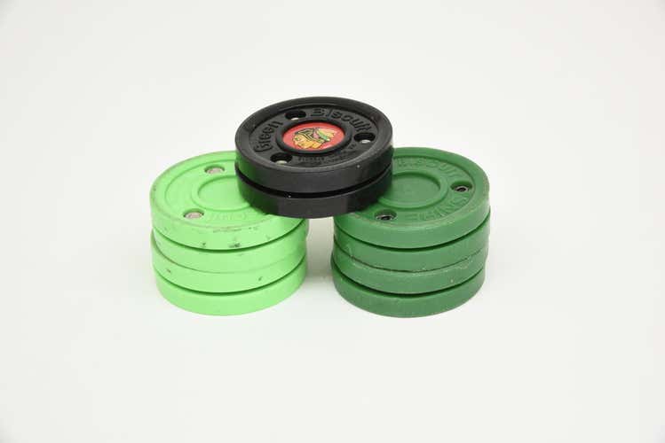 3 Green Biscuit and 2 Snipe Hockey Training Stick Handling Pucks