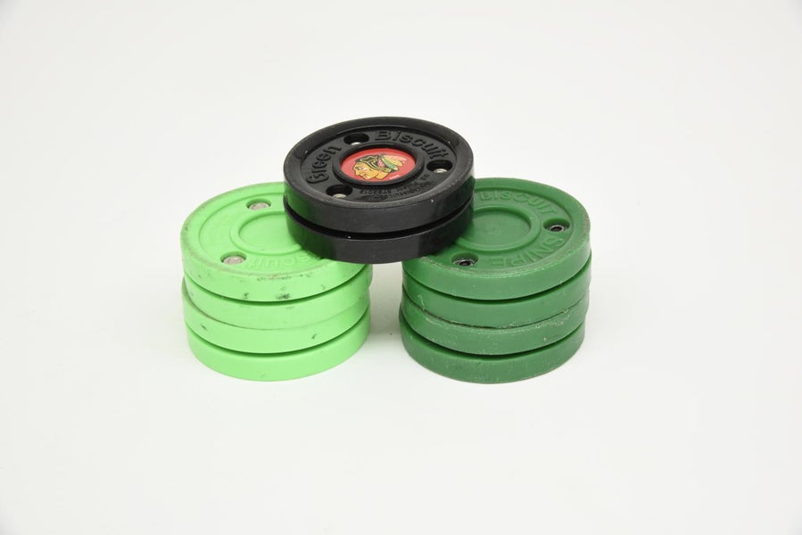 3 Green Biscuit and 2 Snipe Hockey Training Stick Handling Pucks