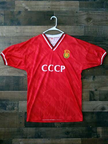 New Vintage Defunct 1980s FIFA Soccer CCCP SOVIET UNION NATIONAL FOOTBALL Red White Polyester Jersey