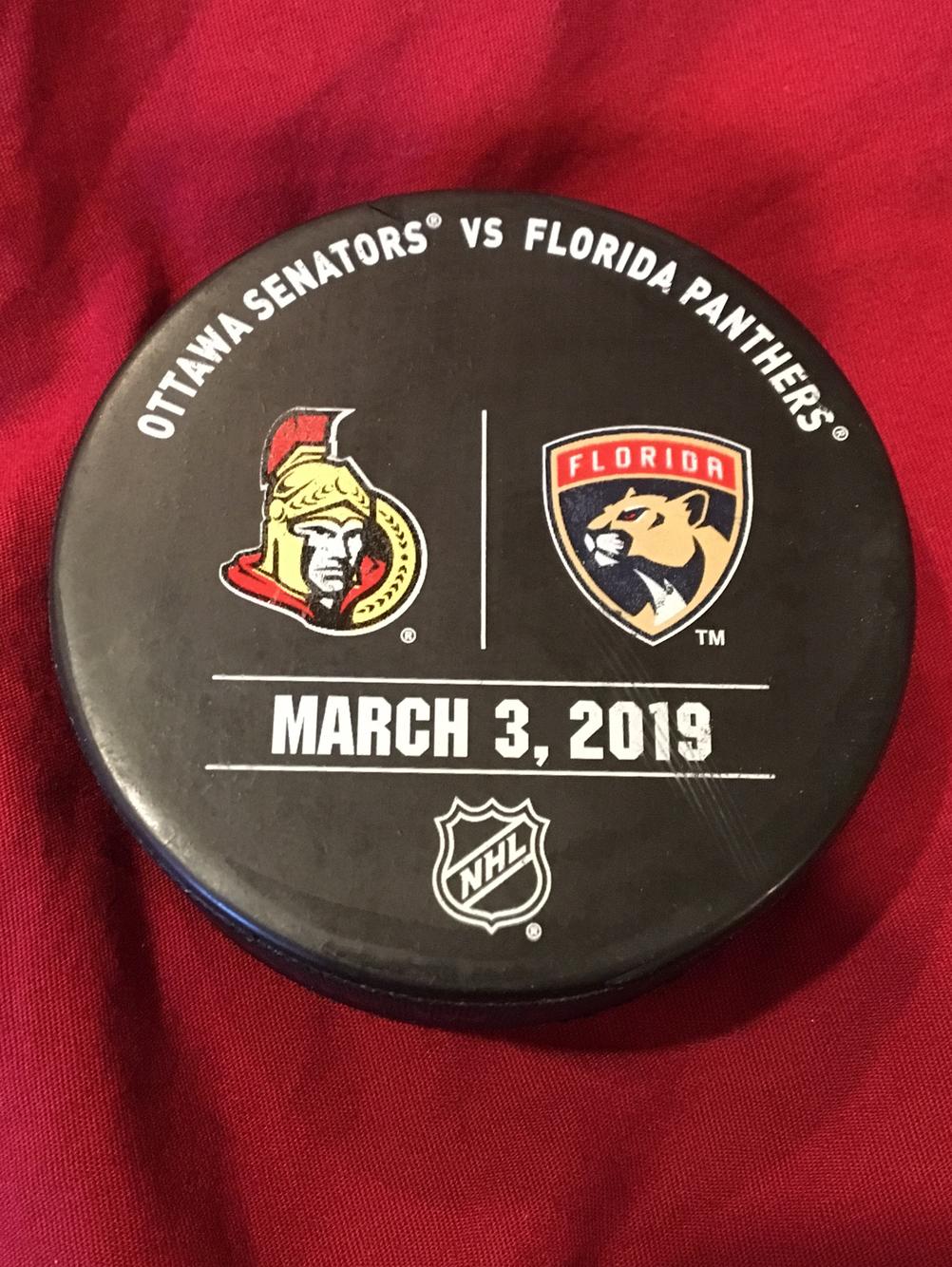 Used During Pre-Game Warm-Ups 2019 Fanatics Authentic Certified Ottawa Senators on March 3 Florida Panthers Practice-Used Puck vs 