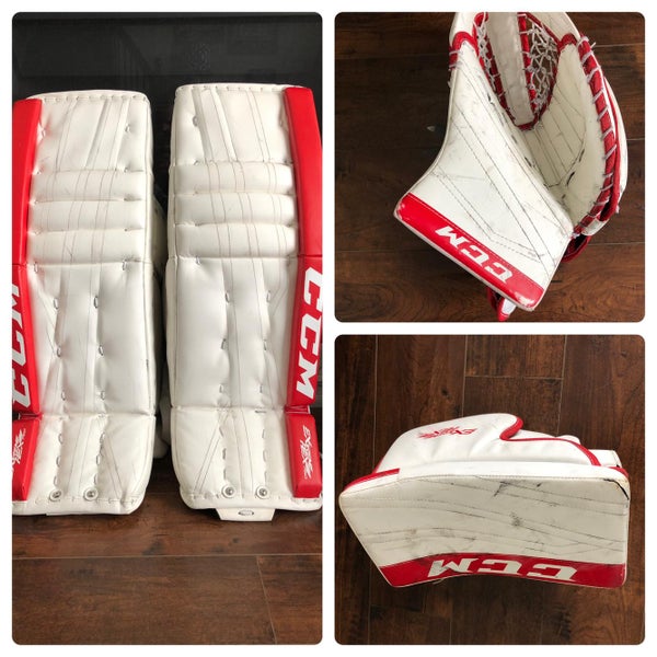 CCM Extreme Flex 2 760 | Senior Goalie Leg Pads, Blocker, And Glove | White & Red