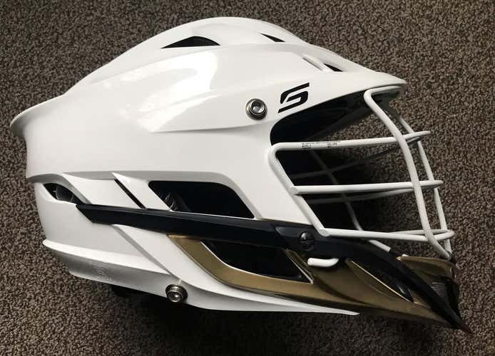 New Cascade S  Adult helmet lax lacrosse white gold chin black chin strap NWOT