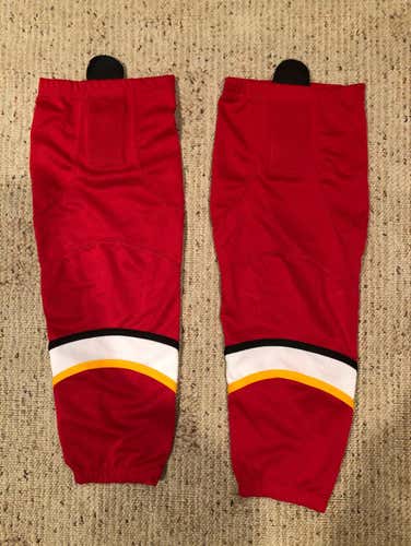 Red w/ White, Black & Yellow Stripes Calgary Flames Themed Nylon/Mesh Socks 24”