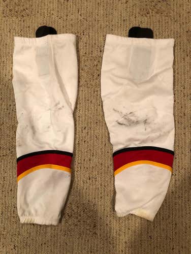 White w/ Black, Red & Yellow Stripes Calgary Flames Themed Nylon/Mesh Socks 24”