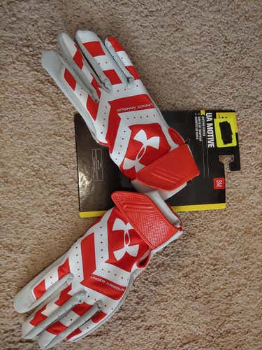 New Under Armour Motive Batting Gloves, Orange/White, Men's Small