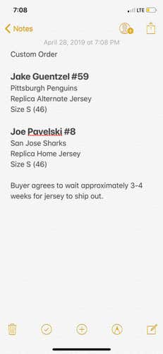 Custom Order: Jake Guentzel #59 and Joe Pavelski #8 Replica Jerseys Package
