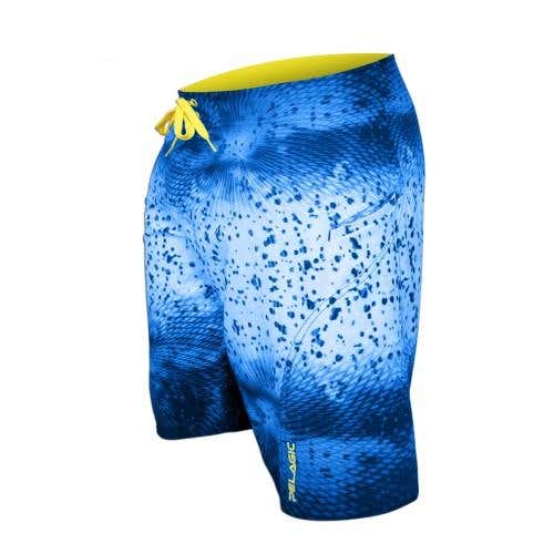 PELAGIC PRO SERIES SWIM SHARKSKIN BOARD SURF SHORT MENS 34W 34 BRAND NW BLUE $70 RVCA FISH RARE HTF