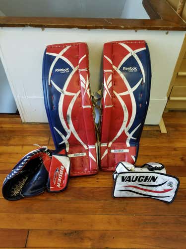 Reebok Revoke 7000 leg pads, Bauer Reactor glove, Vaughn Velocity blocker
