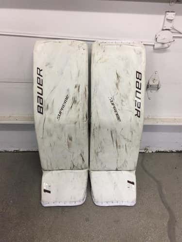 Boston College Milosz NCAA Return Bauer Supreme 1s Goal Pads, Size: XL, Colors: White w/ Maroon Logo