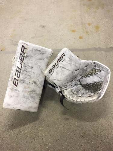 Boston College Milosz NCAA Return Bauer Supreme 1s Glove And Blocker, Colors: White w/ Maroon Logos