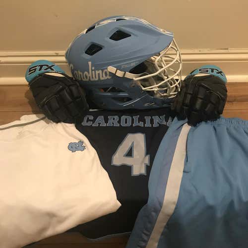 BUNDLE|UNC Game Worn STX Stallion 650 Helmet Adult Carolina Blue with Gloves, Penny, Shirt & Shorts