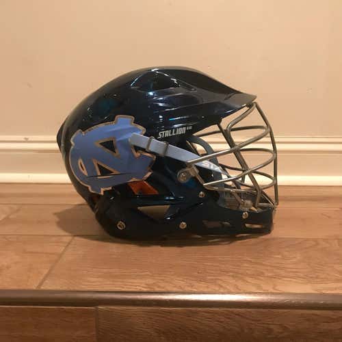 2018 Game Worn UNC STX Stallion 650 Helmet Adult Limited Edition Chrome Navy w/ #4 & Carolina Decal