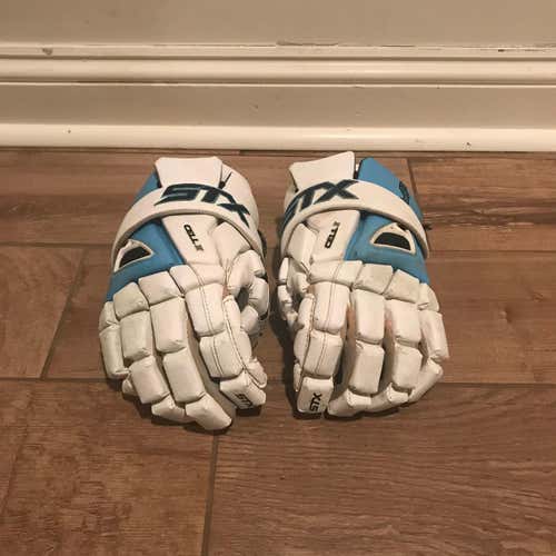 UNC Team Issued Game Worn STX Cell IV Lacrosse Gloves White w/ Carolina Blue #4 on Wrist Guard