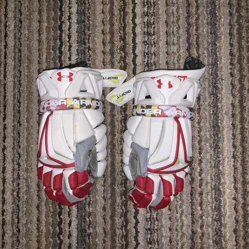 UA Maryland White BioFit Lacrosse Gloves (Be The Best) On Cuff