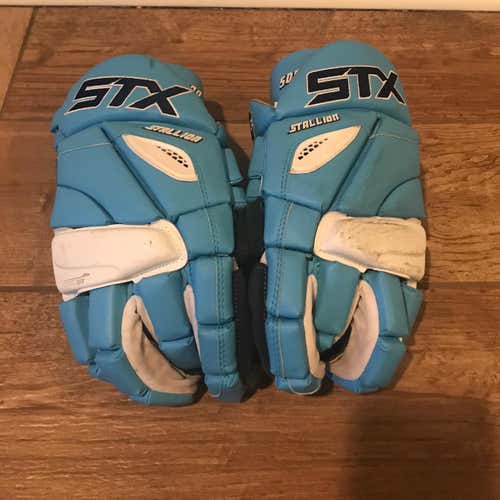 UNC Game Worn STX Stallion 500 Lacrosse Gloves Carolina Blue w/ Navy #4 & Stitched Logo