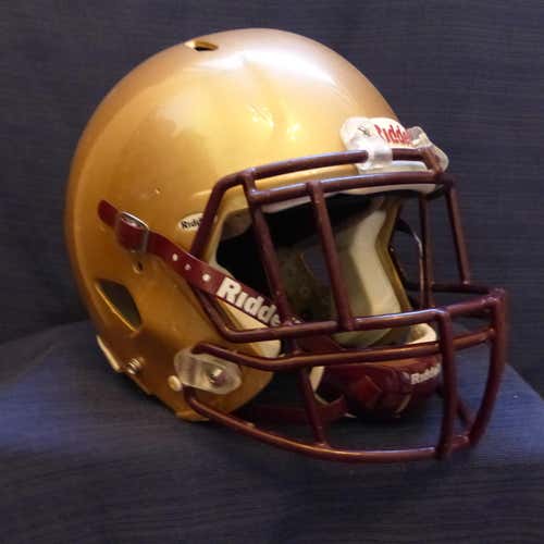 ADULT LARGE, RIDDELL SPEED USED GOLD HELMET W MAROON FACEMASK