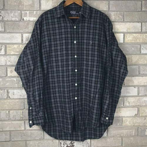 Polo Ralph Lauren Mens Fits Large Black Plaid Hiking Camp Cotton Flannel Shirt