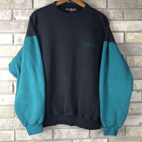 Vtg 90s BOSS AMERICA Mens XL Color Block crewneck Sweatshirt Teal Gray Rare OG