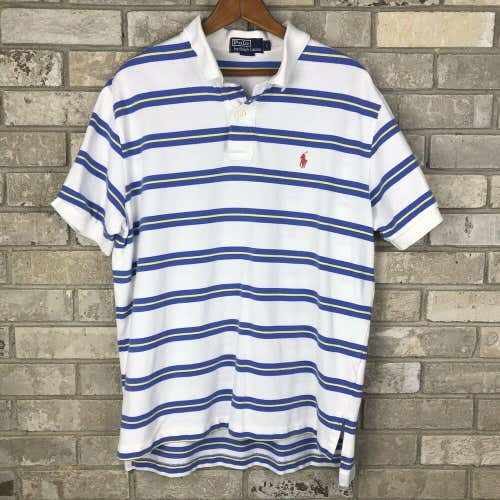 Polo Ralph Lauren Mens Large Collar Shirt White Yellow Blue Golf Casual Vtg OG