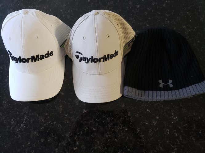 2 Taylormade hats and 1 under armour golf beanie