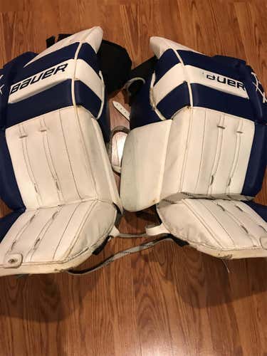 White and Blue RX6 Goalie Leg Pads 26” + 1” Junior with Attachable Knee Guards