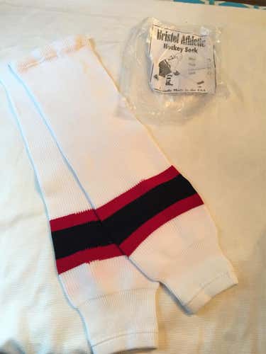 25 “ Bristol Athletics Knit Hockey Sock- White w/ Black 2 Red Stripes
