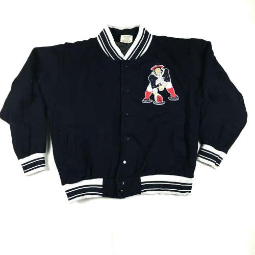 VTG New England Patriots Varsity Bomber Jacket Big Retro Patch Blue/Silver NFL L