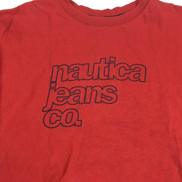 VTG Nautica Jeans Co. T-Shirt Block Letter Logo Sailing Red/Blue (Sz Large)