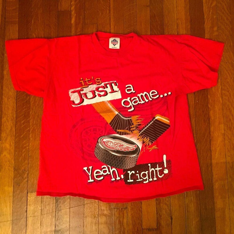 VTG 90s Detroit Red Wings It's Just A Game T Shirt NHL Hockey (Sz Large)