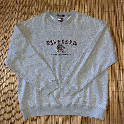 Vintage Tommy Hilfiger Embroidered Crest Logo Grey Sweatshirt Sweater Mens XL