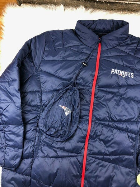 New England Patriots NFL Packable Puffer Jacket w Bag, Navy, Big & Tall Men  5XL