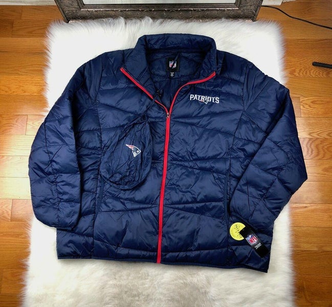 New England Patriots NFL Packable Puffer Jacket w Bag, Navy, Big & Tall Men  5XL