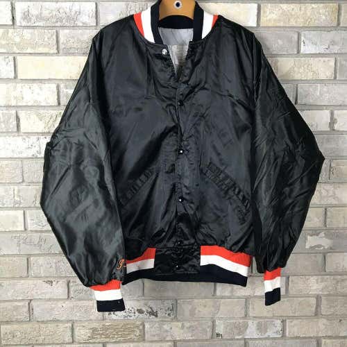 VTG 80s DeLONG Sportswear Black Satin Jacket Coat Varsity Adult LARGE Blank 70s