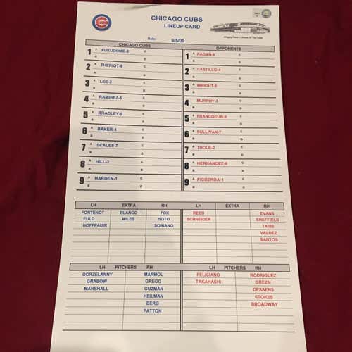 9/5/09 Chicago Cubs vs New York Mets Replica Lineup Card MLB Authenticated